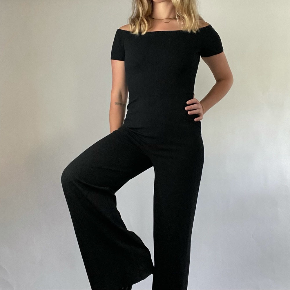Lulu’s Alleyoop Black Jumpsuit Off The Shoulder Formal Romper Wide Leg